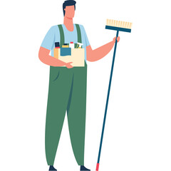 Man Wearing Green Overalls and Blue Shirt Holding Cleaning Supplies and Broom on Transparent Background