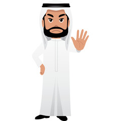 Man Wearing Traditional White Thobe and Ghutra Showing Stop Gesture with Raised Hand in Front of Transparent Background