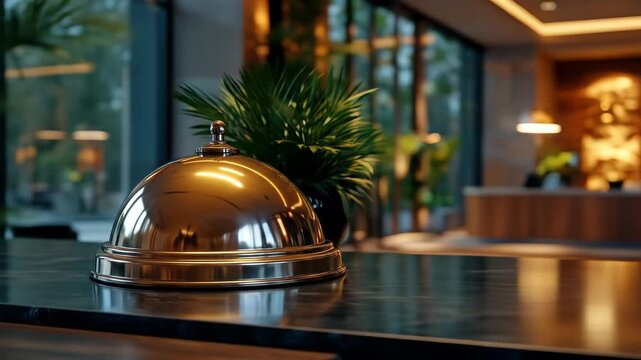 Shiny brass bell on polished surface with lush greenery background