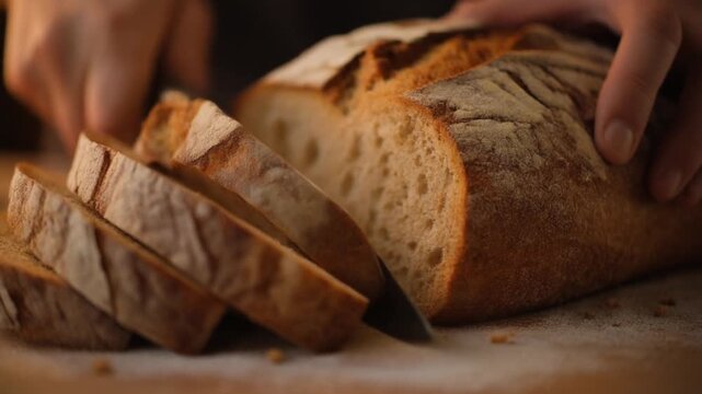 Slicing fresh baked sourdough bread with knife close up food preparation artisan loaf crusty