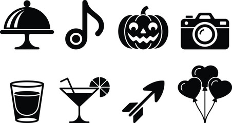Set of eight black vector icons representing food, music, halloween, photography, drinks, and celebration