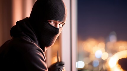 A masked criminal with a gun or knife committing a robbery, a bandit or burglar whose face is covered with a balaclava in the dark