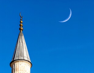A minaret's spire against deep blue sky, topped by a crescent moon in the distance