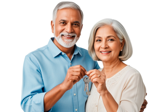 Happy senior indian couple holding house keys, smiling and looking at the camera, isolated on transparent background - Powered by Adobe