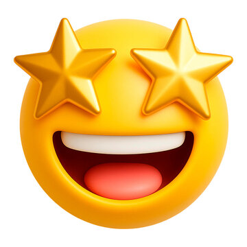 Excited yellow emoji face with golden stars for eyes, open mouth, and pink tongue, isolated on transparent background