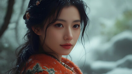 A young Asian woman with long black hair and delicate features smiles sweetly in a snowy forest. She wears a bright orange robe decorated with floral patterns.
