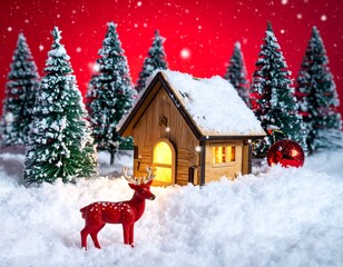A miniature wooden house and red deer in a snowy forest against a red background
