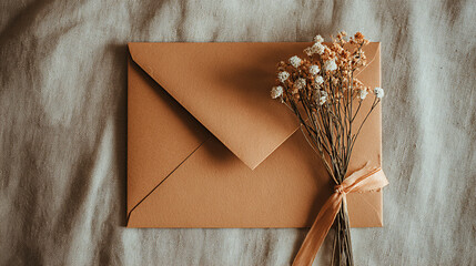 Elegant wedding invitation card with floral envelope and ribbon, beautifully arranged on a textured surface, showcasing a romantic and sophisticated design concept