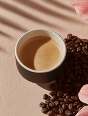 Fototapeta premium Aromatic Coffee with Crema and Roasted Beans on a Pink Background with Sunlight and Floral Accents