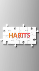Naklejka premium Habits complex like a puzzle - pictured as word habits on a puzzle pieces to show that habits is complex and needs cooperating pieces that fit together. ,3d illustration