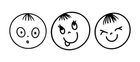 Set of cute doodle kids faces with funny emotions and hairstyles. Hand drawn black and white vector illustration for children’s design, education and comics.