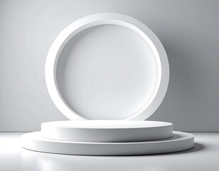 A minimalist white scene features a two-tiered podium topped with a large circle backdrop