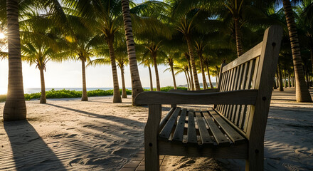 Wooden bench sits on the sand with palm trees and sunlight in the background, a peaceful scene.