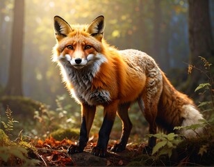 Fototapeta premium A majestic fox stands amidst a sun-dappled forest floor. Autumn colors abound