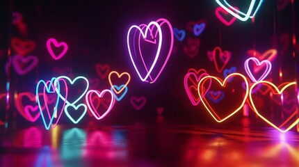 Neon heart lights over reflective floor, vibrant multicolor hearts floating in clublike space, pulsing glow and wet reflections, energetic party vibe for nightlife - Powered by Adobe