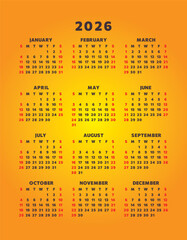 2026 annual calendar bold font. English vector illustration (week starts sunday)