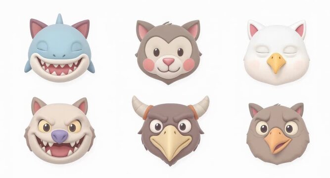 Collection of Six Cute Cartoon Animal Faces for Design.