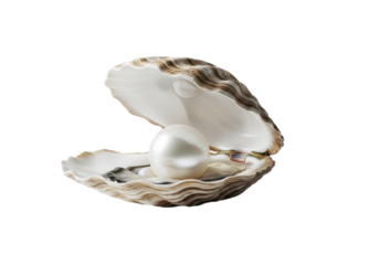 transparent pearl with high luster and subtle iridescence serenely resting in an open oyster shell, on a reflective transparent background with soft studio light. Concept of luxury and natural