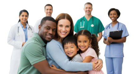 Diverse family (caucasian woman, afro american man, asian boy, hispanic girl) embracing, joyful smiles, in a bright modern hospital lobby, blurred supportive medical staff. Concept of comprehensive