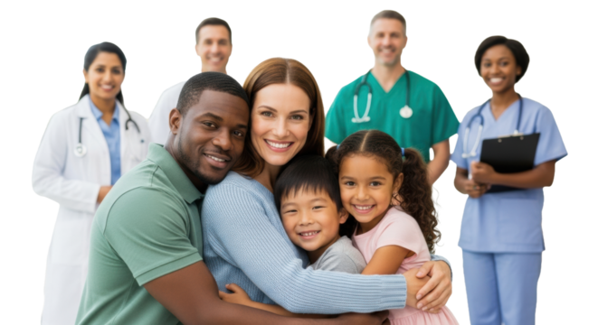 Diverse family (caucasian woman, afro american man, asian boy, hispanic girl) embracing, joyful smiles, in a bright modern hospital lobby, blurred supportive medical staff. Concept of comprehensive - Powered by Adobe