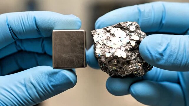 Video, industry, hands holding rare earth and magnet, industrial materials, close-up, education