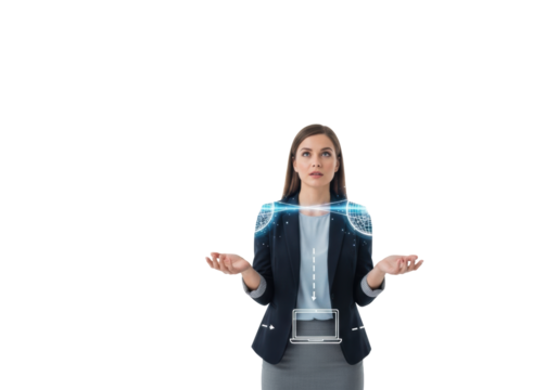 A young caucasian professional woman in business attire, late 20s-early 30s, managing orbiting abstract symbols on a transparent studio background, high-key light, concept of professional