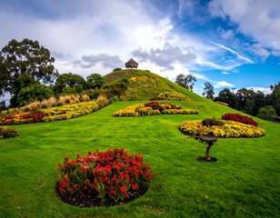 A manicured garden with colorful flowerbeds on a grassy hill under a cloudy sky