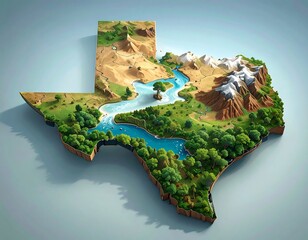 A map of Texas rendered in 3D, depicting diverse geography and ecosystems within the state