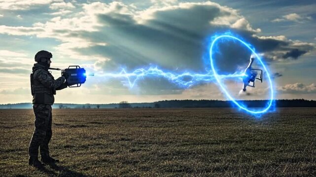 Video, illustration of drone jammer technology and drones flying, military, for educational purposes.