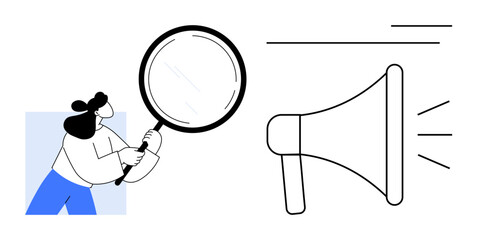 Woman holding magnifying glass near megaphone, symbolizing scrutiny, communication, messaging, marketing, feedback, transparency, and research. Ideal for branding business strategy and simple flat