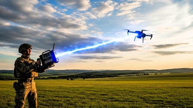 Video, illustration of drone jammer technology and drones flying, military, for educational purposes.