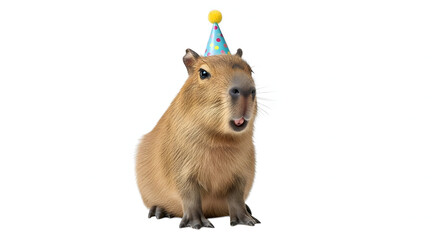 Capybara wearing a party hat celebrating a special occasion with joy.