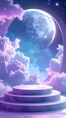 A marble pedestal with a moon and cloudy sky backdrop in an oval window frame