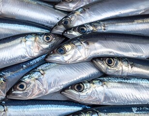 A mass of silvery sardines with black eyes, overlapping