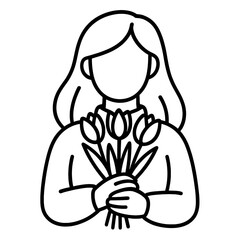Line art of woman holding bouquet of tulips, spring gift or celebration concept