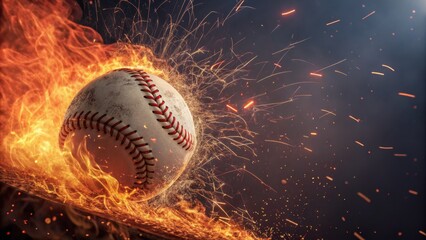 A dynamic baseball bursts through flames, illustrating intensity and energy in sports, with sparks flying around in a dramatic display.