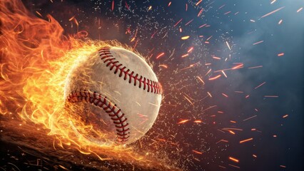 A flaming baseball bursts through the air, surrounded by sparks and an intense fiery glow, capturing a dynamic moment of energy and excitement.