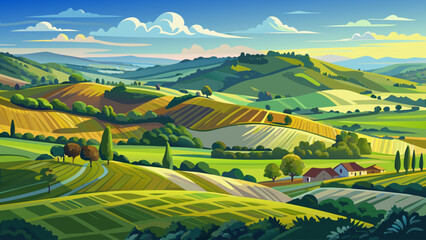 Fototapeta premium Very beautiful panoramic view of rolling hills and open countryside, highlighting the freedom, expansiveness, and natural beauty of rural landscapes under a clear sky.