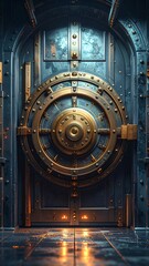A massive, ornate vault door with a complex locking mechanism and industrial details