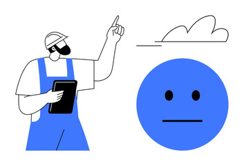 Worker in overalls holding tablet and pointing at sky with cloud alongside neutral face emotion. Ideal for construction, weather analysis, decision-making, teamwork, project planning, uncertainty
