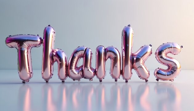 Shiny metallic balloons spell thanks against light background. Festive word arrangement conveys appreciation and celebration. Joyful typographic message adds sparkle to event.