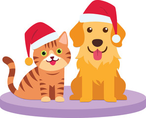 Cartoon cat and dog wearing santa hats sitting on a purple platform against a black background image