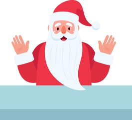 Illustration of santa claus with a red hat and suit standing behind a light blue surface with hands raised