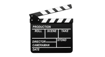 Classic open black and white film clapperboard, all fields visible, overhead flat lay on transparent background with copy space, concept of content creation and new beginnings