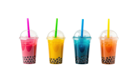 Four vibrant bubble tea drinks in clear plastic cups with domed lids and straws, showing colorful liquids and tapioca pearls, on a transparent studio background with copy space. Concept for