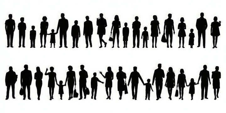 Silhouette of diverse people including adults and children vector illustration for community and family concepts