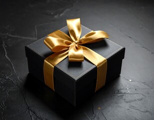 A matte black gift box tied with a golden ribbon against a textured dark surface