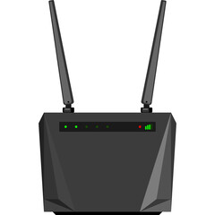 Modern Black Wireless Router with Dual Antennas and LED Indicator Lights on a White Background