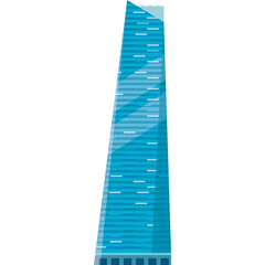Modern Blue Skyscraper with Geometric Facade and Reflective Windows Against a White Background