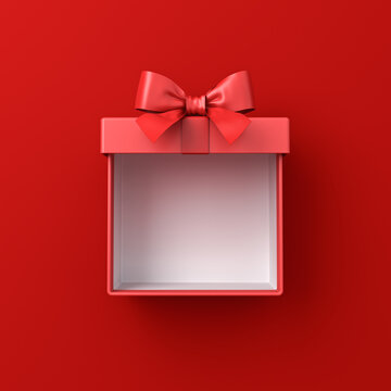 Blank red gift box open or top view of red present box tied with red ribbon bow isolated on dark red background with shadow minimal conceptual 3D rendering